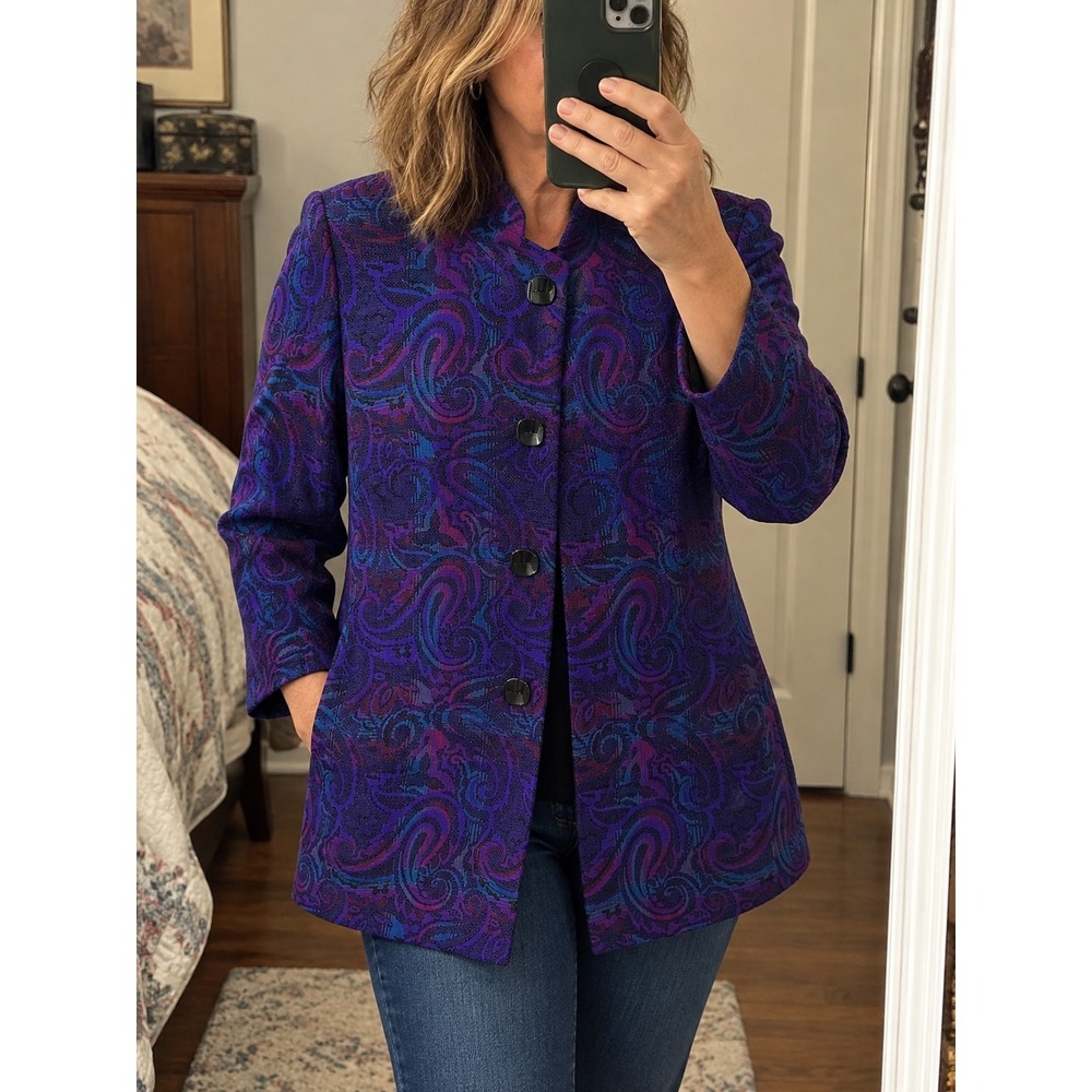 Pendleton Vintage Virgin Wool Paisley Blazer Size 10 Purple Blue Longline